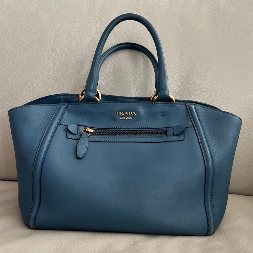Prada Blue All Leather Satchel with Gold Hardware - Picture 1 of 12